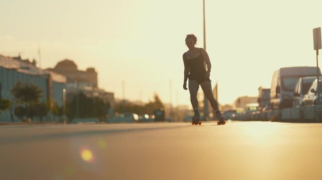 Tattooed woman roller skating on city street at sunset