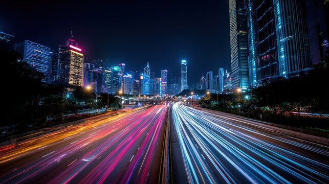 Multicolored light trails streak across a freeway beneath a towering metropolitan skyline after dark