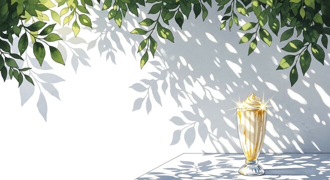 Watercolor caramel milkshake with whipped cream on a white table, with copy space. Sunlight and leaf shadows create a fresh summer vibe for cafe menus, food blogs and social media ads.