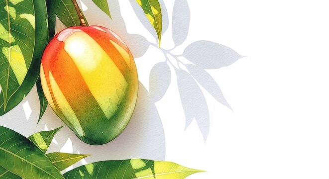 Watercolor ripe mango fruit with green leaves on a white background, with copy space. Bright sunlight and tropical shadows create a fresh atmosphere for food blogs, menus and healthy lifestyle.