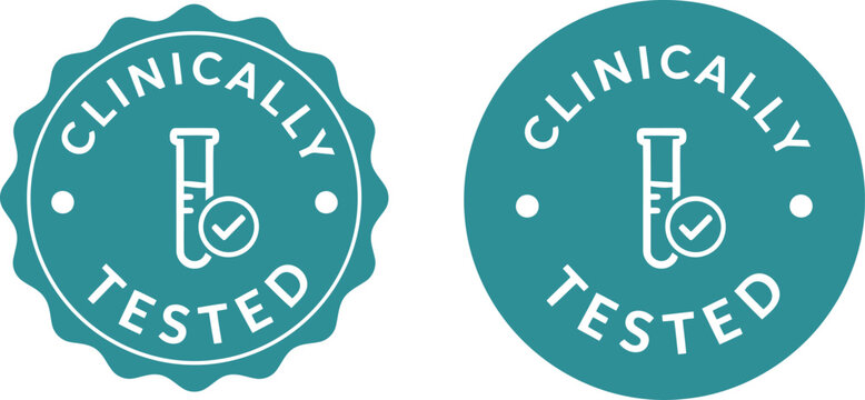 Clinically Tested Badge Icons with Laboratory Flask and Check Mark in Teal Circle Vector Set