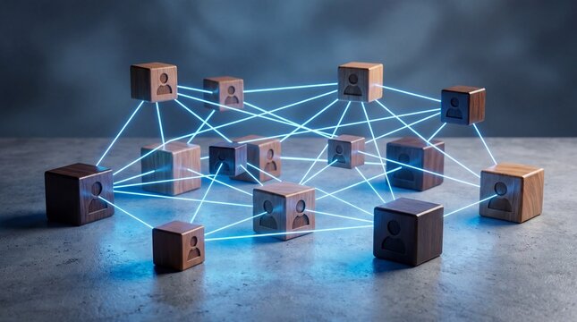 Organizational network of connected team members on wooden blocks in soft light