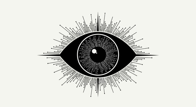 Mystical all seeing eye symbol with rays and detailed iris design in black and white