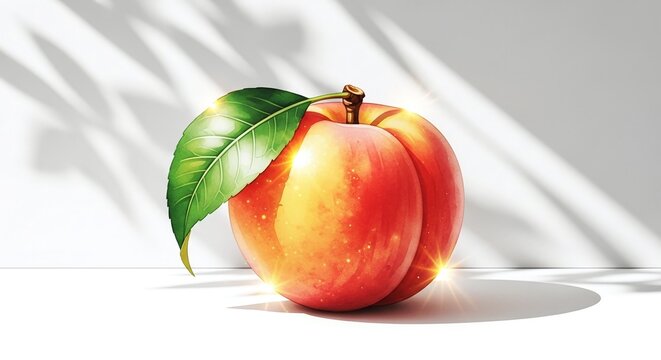 Watercolor ripe peach with a green leaf on a white surface, with copy space. Sunlight and soft leaf shadows create a fresh summer mood for culinary blogs, recipes and healthy lifestyle posts.