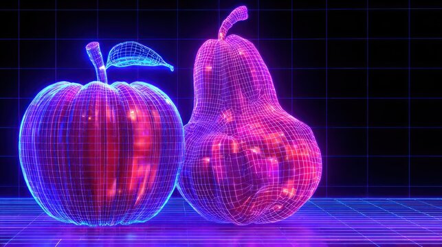 Glowing wireframe models of an  and a pear sit on a reflective digital surface