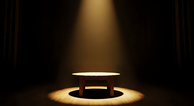Wooden stool illuminated by a spotlight on a dark stage with spotlight performance presentation