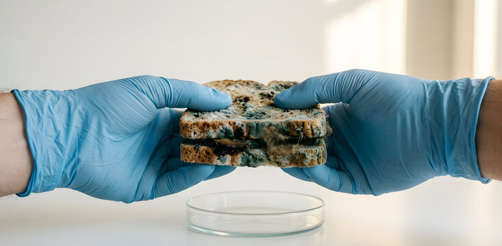 Close-up of Hands in Blue Medical Gloves Holding a Moldy Sandwich Over a Petri Dish. Conceptual Image of Food Spoilage, Fungal Contamination, and Unsafe Laboratory Testing.
