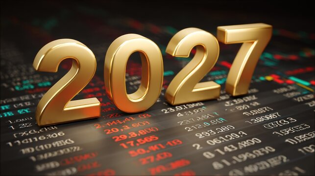 Shiny three dimensional golden numerals representing the year two thousand twenty seven hover above a digital financial data display