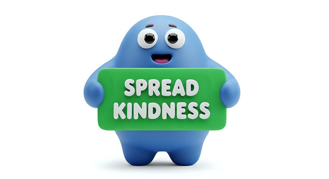 Cute blue blob character holding a green sign with "spread kindness" motivational message, kindness