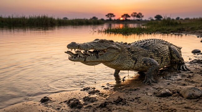 Nile crocodile carrying hatchlings in its mouth Zambia riverbank sunset 2.8 golden hour ambient light soft reflected light from snow or water surface