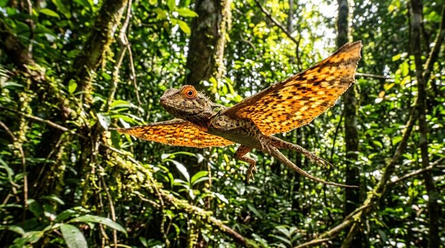 Flying dragon lizard Draco volans gliding Borneo extended wings vivid orange eye-level intimate close approach 2.8 natural light harsh midday sun casting strong shadow and vivid colour