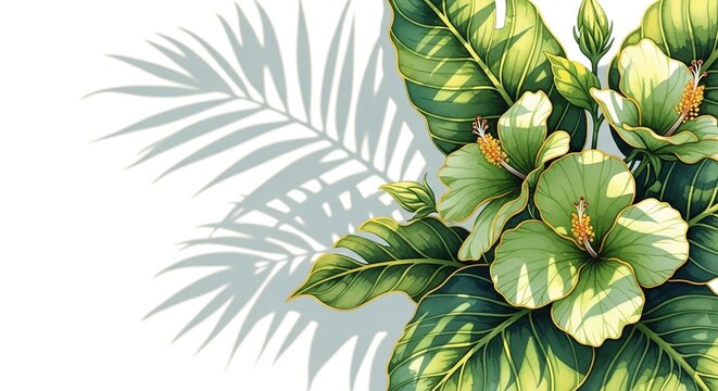 Watercolor hibiscus flowers and tropical leaves casting a palm shadow on a white wall, with copy space. This elegant botanical illustration is ideal for wellness blogs and summer stationery.
