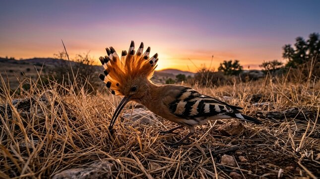 Hoopoe foraging in dry grass Israel crest erected full fan display 2.8 dusk backlight dramatic twilight gradient sky behind subject