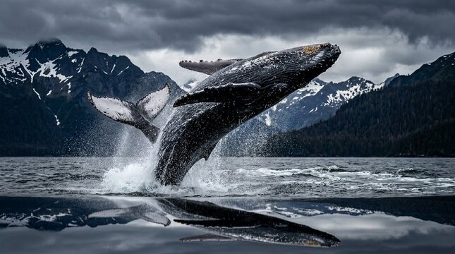 Humpback whale full breach leap out of water Alaska fjord full body airborne spray reflection in water surface morning backlight stormy dramatic light with dark sky background contrast