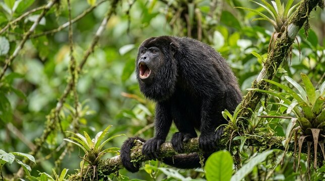 Howler monkey calling from a canopy tree Costa Rica throat expanded mouth wide open eye-level intimate close approach morning backlight overcast diffused light with even tonal rendering
