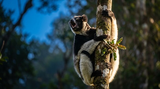 Indri clinging to a vertical tree trunk Madagascar calling head thrown back feeding or foraging close behavioural DO sunrise rim light sharp alpine light above treeline with deep blue sky