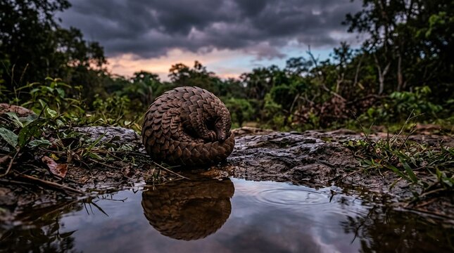 Indian pangolin curled into ball on ground Sri Lanka defensive position reflection in water surface Leica SL2 APO twilight glow stormy dramatic light with dark sky background contrast