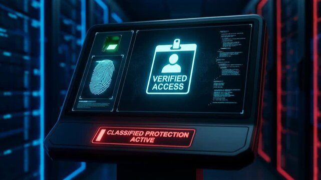 Electronic kiosk displays verified access status in server room. Digital security terminal with biometric scanner for classified protection in data center facility.