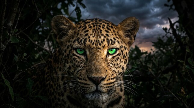 Leopard face close-up in deep forest shade eyes vivid green pupils constricted in bright shaft silhouette against bright sky or water Leica SL2 APO twilight glow stormy dramatic light with dark sky