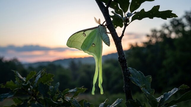 Luna moth close portrait North America long tail streamers vivid pale green silhouette against bright sky or water Phase One IQ4 150MP soft morning light pre-dawn blue-grey twilight with distant