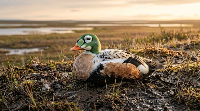 Spectacled eider male vivid green head Yukon Delta Alaska warm afternoon sidelight