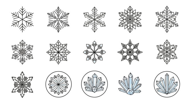 Set of various snowflake icons and crystal formations
