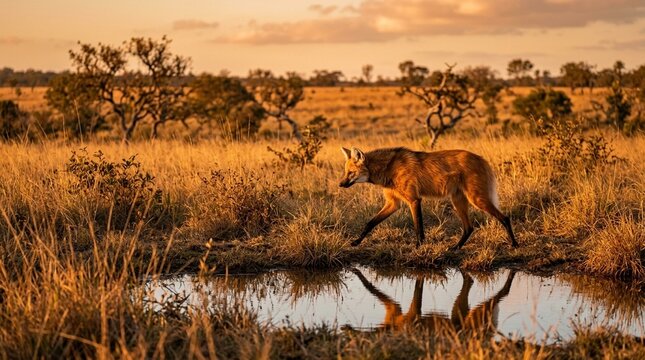 Maned wolf walking through Cerrado grassland Brazil tall reddish coat striking against golden grass reflection in water surface warm afternoon sidelight late afternoon warm orange light on savanna