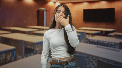 Fototapeta premium Young woman covers mouth with hand in a lecture building, standing among empty desks and a wall screen; surprise reflection.