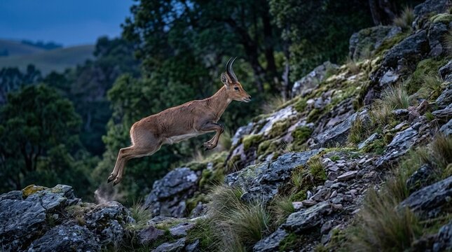 Reedbuck mountain reedbuck on rocky slope vivid horn shape dappled forest light blue hour soft ambient light with cool tonal palette