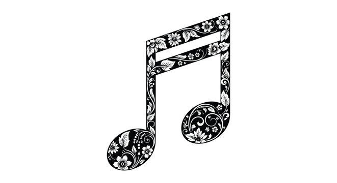 ornate musical note with floral patterns on white background silhouette high quality professional detailed modern elegant stylish clean crisp vibrant colorful