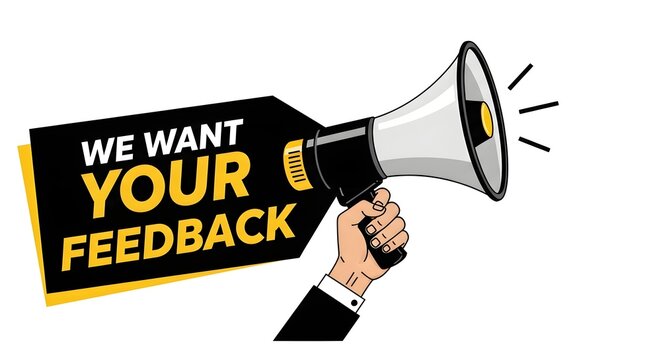 Hand holding megaphone with feedback sign
