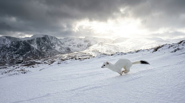 Stoat ermine white winter coat except black tail tip running across snow UK group or herd wide environmental stormy backlight harsh desert noon light bleaching background sand