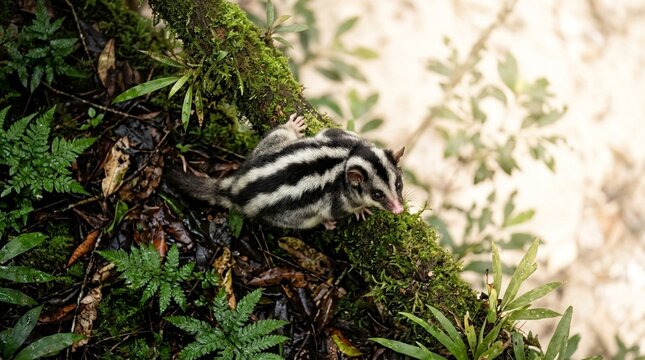 Striped possum Dactylopsila close portrait rainforest North Queensland overhead aerial top-down perspective Phase One IQ4 150MP soft morning light harsh desert noon light bleaching background sand