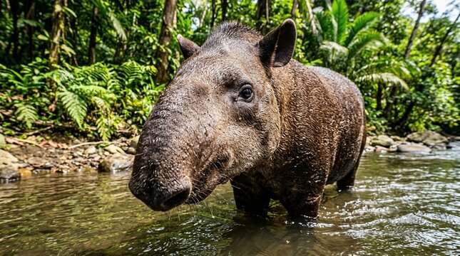 Tapir Malayan tapir in Taman Negara river swimming vivid black and white golden hour pre-dawn blue-grey twilight with distant horizon glow
