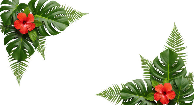 Tropical Hibiscus Flowers with Palm Leaves Corners on White Background