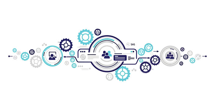Business process workflow infographic with team icons and rotating gears
