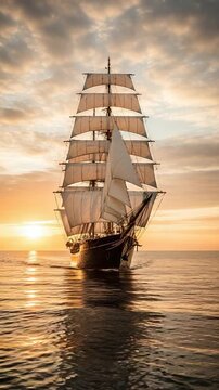 Tall Sailing Ship on Ocean at Sunset