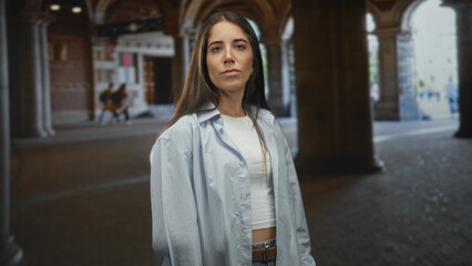 Woman stands facing camera with exposed midriff and loose shirt in a building archway  serene contemplation. © Krakenimages.com