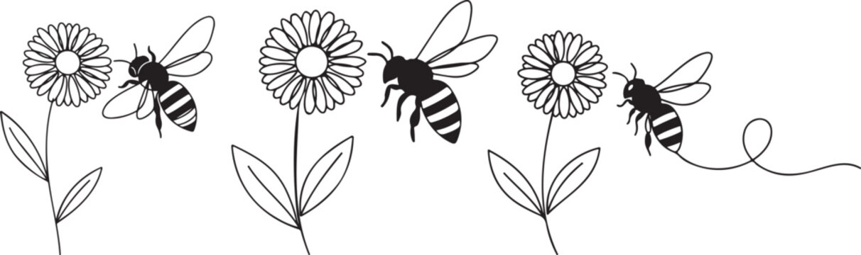 Continuous one line drawing of flaying bee. Simple illustration of honey bee line art vector illustration.