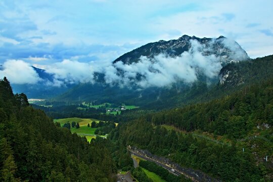 Austrian Alps - view from the ruins of the Ehrenberg castle near the town of Reutte to the top of the Tauern mountain in the Lechtal Alps