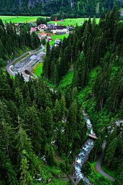 Austrian Alps - view from the rope footbridge to the town of Holzgau in the Lechtal Alps