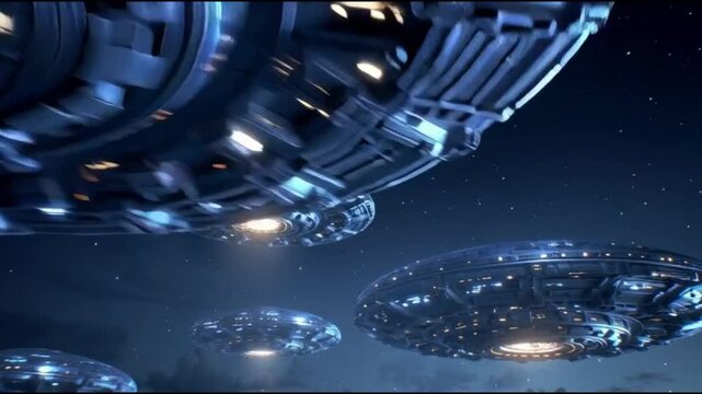 Alien invasion extraterrestrial craft with luminous beam hovering in night environment. 4K Video