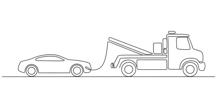Tow truck pulling a broken car in one continuous line