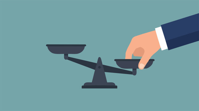 Business hand pressing down on a balance scale, symbolizing influence and imbalance