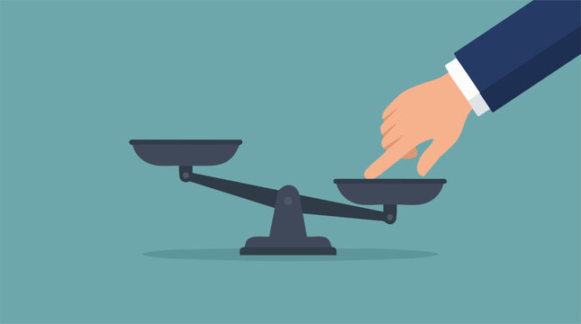 Hand pressing down on one side of a balance scale, creating imbalance