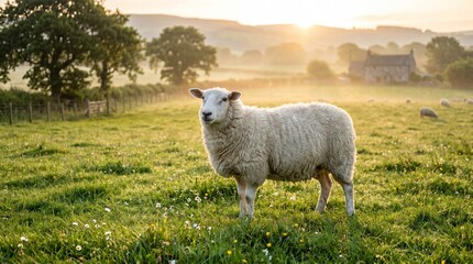 Fototapeta premium Cute white sheep standing in a green grassy field with trees and a rural landscape at sunrise