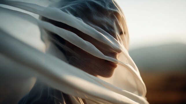 Ethereal image of a woman obscured by softly swaying translucent fabric, evoking a sense of mystery and elegance.