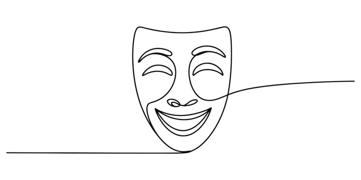 Continuous single line drawing of a happy theater mask