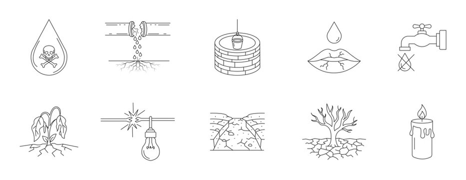 Global water crisis and drought thin line icon set. Editable stroke. Vector illustration.	