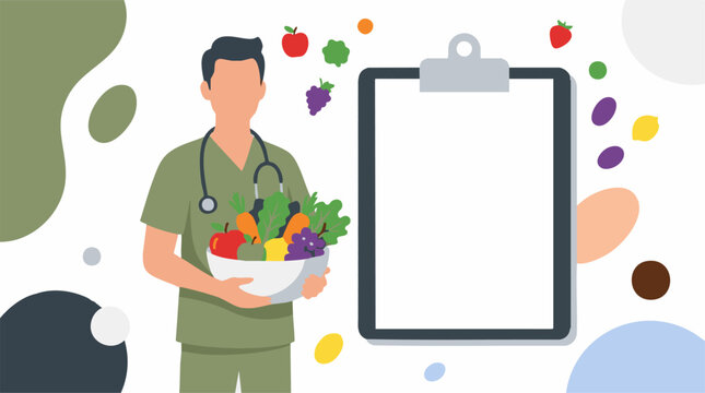 Dietitian with healthy fruits, vegetables, and blank health plan clipboard